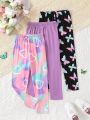 3pcs/Set Young Girls' Comfortable Tie Dye Heart & Butterfly Print Leggings With Elastic Waist, Suitable For Spring And Autumn