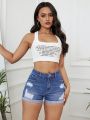 Women's Distressed Rolled Hem Denim Shorts