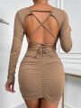 SHEIN Essnce Lace Up Backless Ruched Bodycon Dress