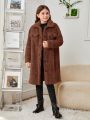 SHEIN Girls' Knitted Solid Color Reversible Fleece Collar Pockets Casual Long Coat