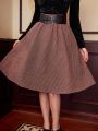 SHEIN DECDS Vintage Elegant Women'S A-Line Skirt With Wide Waist Belt And Umbrella Hem, Autumn/Winter