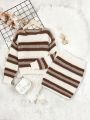 SHEIN Kids HYPEME Girls' Fashionable Knitted Three Piece Set For Autumn And Winter, Including Striped Sweater And Skirt