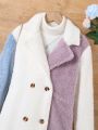 Teenage Girls' Color Block Lapel Collar Double Breasted Plush Coat