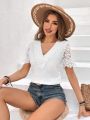 SHEIN VCAY Solid Color Lace Hem Short Sleeve T-Shirt For Vacation