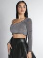 SHEIN PETITE Women'S Asymmetric Neck Sparkly Cropped Top