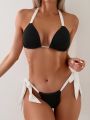 SHEIN Swim Vcay Colorblock Halter Strap Bikini Set With Neck Tie