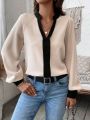 SHEIN Privé Color Block Notched V-neck Blouse