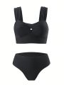 SHEIN Swim Basics Women'S Cross Back Wide Straps Two Piece Swimsuit