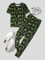 SHEIN Teenage Boys' Casual And Comfortable Short-Sleeved Printed Top And Long Pants Homewear Set