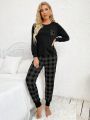 Women's Plaid Print Long Sleeve Homewear Set With Pockets