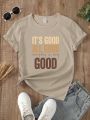 Girls' Casual Slogan Pattern Round Neck Short Sleeve T-shirt For Tween