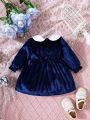 Baby Girl Contrast Collar Flounce Sleeve Lace Trim Peter Pan Collar Smock Dress