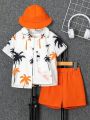 SHEIN 3pcs/Set Toddler Boys' Casual Coconut Tree Patterned Short Sleeve Shirt, Solid Color Shorts And Hat Summer Outfits