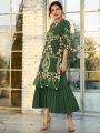 Floral Embroidery Split Tunic With Pleated Hem Dress