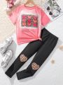 SHEIN Kids HYPEME 2pcs Teen Girls' Heart Pattern Short Sleeve T-shirt And Slim Fit Leggings