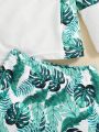 SHEIN Baby Boy Plant Patterned Raglan Sleeves Round Neck Top, Shorts, Hat & Swimming Suit 4pcs/Set