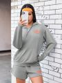 Street Sport Letter Print Kangaroo Pocket Long Sleeve Hoodie And Shorts Sports Set