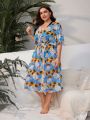 SHEIN Swim Classy Plus Size Ladies' Botanical Print Waist-Tie Cover Up Dress