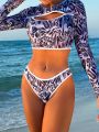 SHEIN Swim SPRTY Full Printed Long Sleeve Two Piece Swimsuit