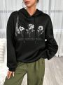 Floral & Slogan Graphic Drop Shoulder Drawstring Hoodie