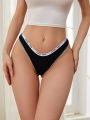 Letter Detail Thong Bikini Bottoms With Woven Strap