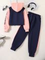 Tween Girl Letter Graphic Two Tone Hooded Jacket & Sweatpants