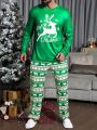 Men Christmas Elk & Letter Graphic Tee & Pants PJ Set