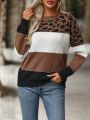 Leopard Pattern Colorblock Drop Shoulder Sweater