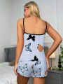 Butterfly Print Contrast Binding Lettuce Trim Cami Top & Shorts PJ Set