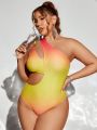 SHEIN Swim SXY Plus Size Hollow Out Ombre One Shoulder One-piece Swimsuit With Circular Decoration