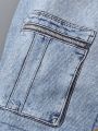 SHEIN Little Boys' Solid Color Short Sleeve T-Shirt And Denim Print Vest And Pants 2pcs Set