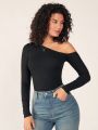 SHEIN BASICS Women'S Long Sleeve Asymmetrical Neckline T-Shirt