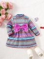 Infant Girls' Casual Geometric Pattern Long Sleeve Dress With Half High-neck For Autumn And Winter