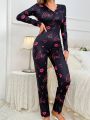 Lip & Heart Pattern Long Sleeve Long Pants Sleepwear Jumpsuit