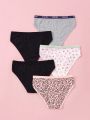 Tween Girl 5pack Leopard & Heart Print Contrast Letter Tape Brief