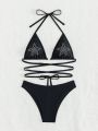 SHEIN Swim Y2GLAM Bikini Set Adorned With Rhinestone Star Pattern And Triangular Cups