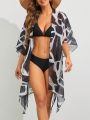 SHEIN Swim Classy Women'S Printed Mesh Cover Up Kimono