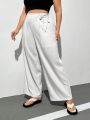 SHEIN Essnce Women's Plus Size White Long Pants With Belt, Wide Leg Pants For Spring And Summer