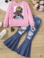 Tween Girls Butterfly Print Decorated Sweatshirt And Flared Denim Jeans Set