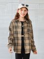 SHEIN Kids SUNSHNE Girls' Plaid Loose Fit Woven Shirt With Small Lapel, Casual