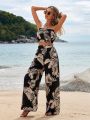 SHEIN VCAY Tropical Printed Strapless Top And Pants Two-piece Set