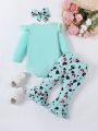 SHEIN Baby Girls' Cute Casual Letter & Cartoon Cow Print Romper And Bell-bottom Pants Set