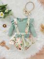 Baby Ribbed Knit Ruffle Trim Bodysuit & Floral Print Bow Front Pinafore Shorts & Headband