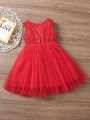 SHEIN Kids EVRYDAY Toddler Girls' Elegant Princess Style Mesh Spliced Dress For Casual And Fashionable Look