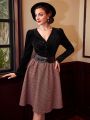 SHEIN DECDS Vintage Elegant Women'S A-Line Skirt With Wide Waist Belt And Umbrella Hem, Autumn/Winter