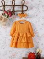 Baby Girl Ruffle Hem Flounce Sleeve Layer Hem Dress With Headband