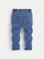 SHEIN Boys' (Little) Straight Fit Jeans With Color Block & Slant Pockets