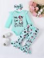 SHEIN Baby Girls' Cute Casual Letter & Cartoon Cow Print Romper And Bell-bottom Pants Set
