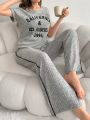 Letter Pattern Knitted Short Sleeve Top And Long Pants Women's Homewear Set