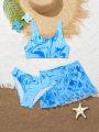 Tween Girls Three-Piece Set Of Printed Flowy Swimsuit